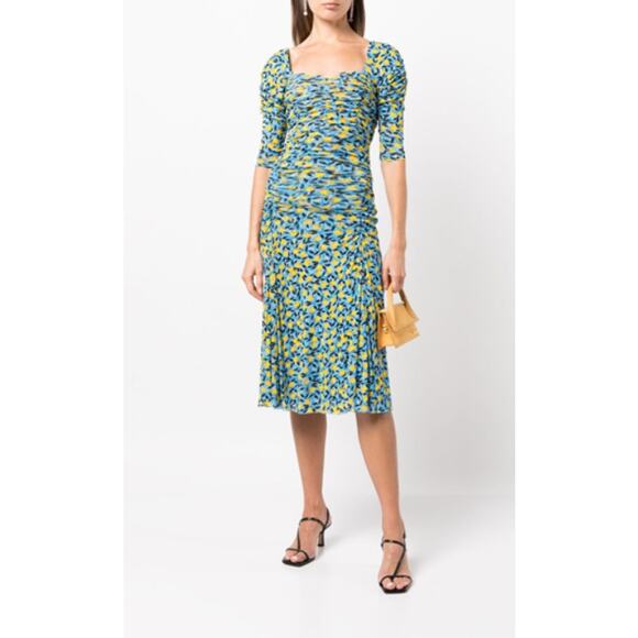 DIANE VON FURSTENBERG Dacey Lemon-print Gathered Dress Size XS New with Tags